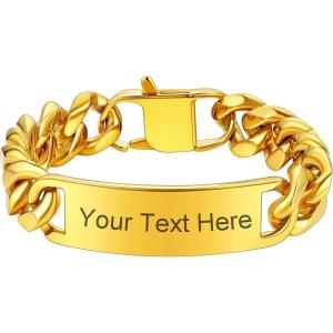 U7 Customized ID Bracelets for Men, Stainless Steel Cuban Chain Bracelets, Hip Hop Bracelets, Personalized Engrave Identification Bracelets, Bar Bracelets for Men Women(Cuban link-gold-15mm)