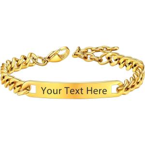 U7 Customized ID Bracelets for Men, Stainless Steel Cuban Chain Bracelets, Hip Hop Bracelets, Personalized Engrave Identification Bracelets, Bar Bracelets for Men Women(Cuban link-gold-7mm)