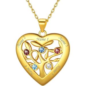 U7 Heart/Round Tree of Life Necklace, Customized Birthstone Jewelry for Women Men,Custom Name Family Branch Tree Pendant Personalized Mother Necklaces with 2-7 Names and Birthstones(Gold Plated Sterling Silver-Heart(5 Names&Birthstone))