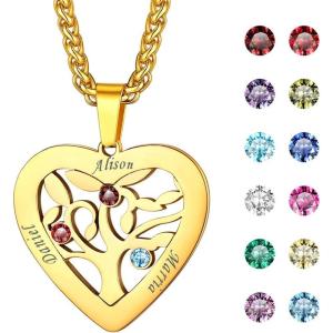 U7 Heart/Round Tree of Life Necklace, Customized Birthstone Jewelry for Women Men,Custom Name Family Branch Tree Pendant Personalized Mother Necklaces with 2-7 Names and Birthstones(Gold-Heart(3 Names&Birthstone))