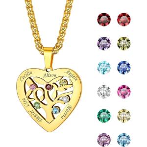 U7 Heart/Round Tree of Life Necklace, Customized Birthstone Jewelry for Women Men,Custom Name Family Branch Tree Pendant Personalized Mother Necklaces with 2-7 Names and Birthstones(Gold-Heart(6 Names&Birthstone))