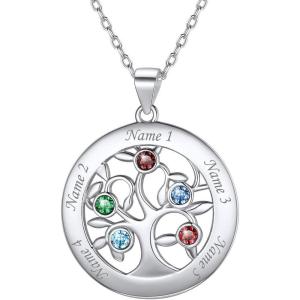 U7 Heart/Round Tree of Life Necklace, Customized Birthstone Jewelry for Women Men,Custom Name Family Branch Tree Pendant Personalized Mother Necklaces with 2-7 Names and Birthstones(Sterling Silver-Round(5 Names&Birthstone))