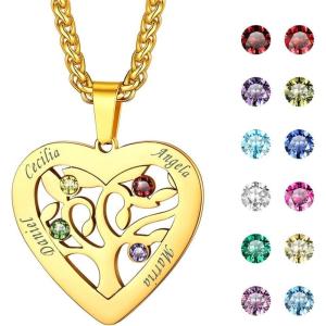 U7 Heart/Round Tree of Life Necklace, Customized Birthstone Jewelry for Women Men,Custom Name Family Branch Tree Pendant Personalized Mother Necklaces with 2-7 Names and Birthstones(Gold-Heart(4 Names&Birthstone))