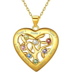 U7 Heart/Round Tree of Life Necklace, Customized Birthstone Jewelry for Women Men,Custom Name Family Branch Tree Pendant Personalized Mother Necklaces with 2-7 Names and Birthstones(Gold Plated Sterling Silver-Heart(7 Names&Birthstone))