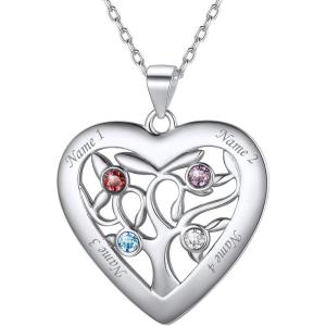 U7 Heart/Round Tree of Life Necklace, Customized Birthstone Jewelry for Women Men,Custom Name Family Branch Tree Pendant Personalized Mother Necklaces with 2-7 Names and Birthstones(Sterling Silver-Heart(4 Names&Birthstone))