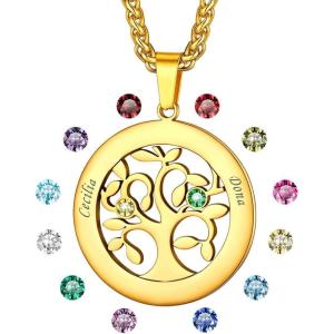 U7 Heart/Round Tree of Life Necklace, Customized Birthstone Jewelry for Women Men,Custom Name Family Branch Tree Pendant Personalized Mother Necklaces with 2-7 Names and Birthstones(Gold-Round(2 Names&Birthstone))