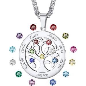 U7 Heart/Round Tree of Life Necklace, Customized Birthstone Jewelry for Women Men,Custom Name Family Branch Tree Pendant Personalized Mother Necklaces with 2-7 Names and Birthstones(Stainless Steel-Round(7 Names&Birthstone))
