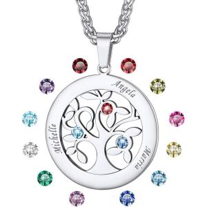 U7 Heart/Round Tree of Life Necklace, Customized Birthstone Jewelry for Women Men,Custom Name Family Branch Tree Pendant Personalized Mother Necklaces with 2-7 Names and Birthstones(Stainless Steel-Round(3 Names&Birthstone))