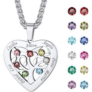 U7 Heart/Round Tree of Life Necklace, Customized Birthstone Jewelry for Women Men,Custom Name Family Branch Tree Pendant Personalized Mother Necklaces with 2-7 Names and Birthstones(Stainless Steel-Heart(7 Names&Birthstone))