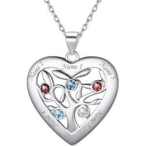 U7 Heart/Round Tree of Life Necklace, Customized Birthstone Jewelry for Women Men,Custom Name Family Branch Tree Pendant Personalized Mother Necklaces with 2-7 Names and Birthstones(Sterling Silver-Heart(5 Names&Birthstone))