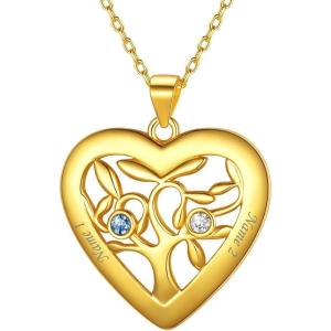 U7 Heart/Round Tree of Life Necklace, Customized Birthstone Jewelry for Women Men,Custom Name Family Branch Tree Pendant Personalized Mother Necklaces with 2-7 Names and Birthstones(Gold Plated Sterling Silver-Heart(2 Names&Birthstone))