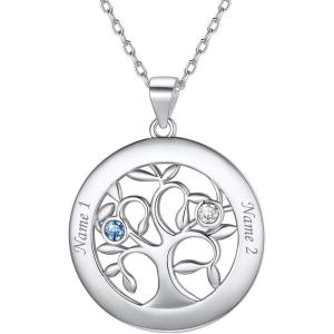 U7 Heart/Round Tree of Life Necklace, Customized Birthstone Jewelry for Women Men,Custom Name Family Branch Tree Pendant Personalized Mother Necklaces with 2-7 Names and Birthstones(Sterling Silver-Round(2 Names&Birthstone))