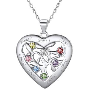 U7 Heart/Round Tree of Life Necklace, Customized Birthstone Jewelry for Women Men,Custom Name Family Branch Tree Pendant Personalized Mother Necklaces with 2-7 Names and Birthstones(Sterling Silver-Heart(7 Names&Birthstone))
