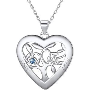 U7 Heart/Round Tree of Life Necklace, Customized Birthstone Jewelry for Women Men,Custom Name Family Branch Tree Pendant Personalized Mother Necklaces with 2-7 Names and Birthstones(Sterling Silver-Heart(2 Names&Birthstone))