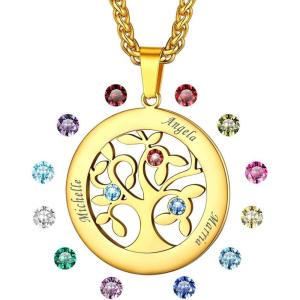 U7 Heart/Round Tree of Life Necklace, Customized Birthstone Jewelry for Women Men,Custom Name Family Branch Tree Pendant Personalized Mother Necklaces with 2-7 Names and Birthstones(Gold-Round(3 Names&Birthstone))
