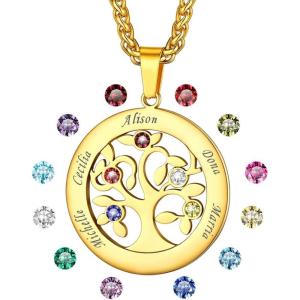 U7 Heart/Round Tree of Life Necklace, Customized Birthstone Jewelry for Women Men,Custom Name Family Branch Tree Pendant Personalized Mother Necklaces with 2-7 Names and Birthstones(Gold-Round(5 Names&Birthstone))