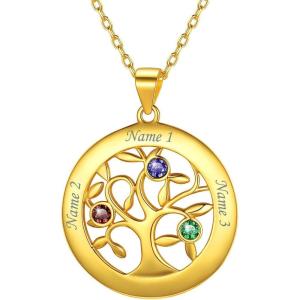 U7 Heart/Round Tree of Life Necklace, Customized Birthstone Jewelry for Women Men,Custom Name Family Branch Tree Pendant Personalized Mother Necklaces with 2-7 Names and Birthstones(Gold Plated Sterling Silver-Round(3 Names&Birthstone))