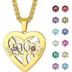 U7 Heart/Round Tree of Life Necklace, Customized Birthstone Jewelry for Women Men,Custom Name Family Branch Tree Pendant Personalized Mother Necklaces with 2-7 Names and Birthstones(Gold-Heart(2 Names&Birthstone))
