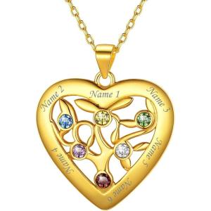 U7 Heart/Round Tree of Life Necklace, Customized Birthstone Jewelry for Women Men,Custom Name Family Branch Tree Pendant Personalized Mother Necklaces with 2-7 Names and Birthstones(Gold Plated Sterling Silver-Heart(6 Names&Birthstone))
