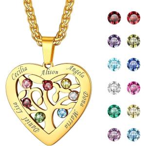 U7 Heart/Round Tree of Life Necklace, Customized Birthstone Jewelry for Women Men,Custom Name Family Branch Tree Pendant Personalized Mother Necklaces with 2-7 Names and Birthstones(Gold-Heart(7 Names&Birthstone))