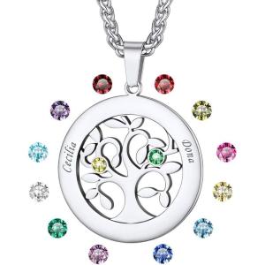 U7 Heart/Round Tree of Life Necklace, Customized Birthstone Jewelry for Women Men,Custom Name Family Branch Tree Pendant Personalized Mother Necklaces with 2-7 Names and Birthstones(Stainless Steel-Round(2 Names&Birthstone))