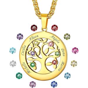 U7 Heart/Round Tree of Life Necklace, Customized Birthstone Jewelry for Women Men,Custom Name Family Branch Tree Pendant Personalized Mother Necklaces with 2-7 Names and Birthstones(Gold-Round(6 Names&Birthstone))