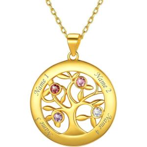 U7 Heart/Round Tree of Life Necklace, Customized Birthstone Jewelry for Women Men,Custom Name Family Branch Tree Pendant Personalized Mother Necklaces with 2-7 Names and Birthstones(Gold Plated Sterling Silver-Round(4 Names&Birthstone))