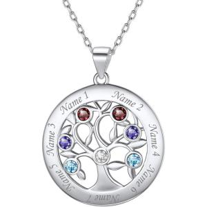 U7 Heart/Round Tree of Life Necklace, Customized Birthstone Jewelry for Women Men,Custom Name Family Branch Tree Pendant Personalized Mother Necklaces with 2-7 Names and Birthstones(Sterling Silver-Round(7 Names&Birthstone))