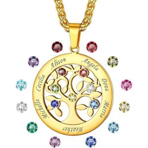 U7 Heart/Round Tree of Life Necklace, Customized Birthstone Jewelry for Women Men,Custom Name Family Branch Tree Pendant Personalized Mother Necklaces with 2-7 Names and Birthstones(Gold-Round(7 Names&Birthstone))