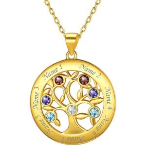U7 Heart/Round Tree of Life Necklace, Customized Birthstone Jewelry for Women Men,Custom Name Family Branch Tree Pendant Personalized Mother Necklaces with 2-7 Names and Birthstones(Gold Plated Sterling Silver-Round(7 Names&Birthstone))