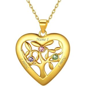 U7 Heart/Round Tree of Life Necklace, Customized Birthstone Jewelry for Women Men,Custom Name Family Branch Tree Pendant Personalized Mother Necklaces with 2-7 Names and Birthstones(Gold Plated Sterling Silver-Heart(3 Names&Birthstone))