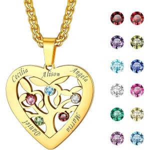U7 Heart/Round Tree of Life Necklace, Customized Birthstone Jewelry for Women Men,Custom Name Family Branch Tree Pendant Personalized Mother Necklaces with 2-7 Names and Birthstones(Gold-Heart(5 Names&Birthstone))