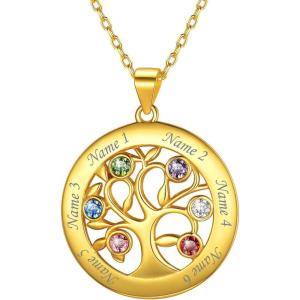 U7 Heart/Round Tree of Life Necklace, Customized Birthstone Jewelry for Women Men,Custom Name Family Branch Tree Pendant Personalized Mother Necklaces with 2-7 Names and Birthstones(Gold Plated Sterling Silver-Round(6 Names&Birthstone))