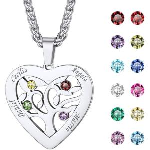 U7 Heart/Round Tree of Life Necklace, Customized Birthstone Jewelry for Women Men,Custom Name Family Branch Tree Pendant Personalized Mother Necklaces with 2-7 Names and Birthstones(Stainless Steel-Heart(4 Names&Birthstone))