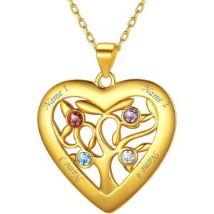 U7 Heart/Round Tree of Life Necklace, Customized Birthstone Jewelry for Women Men,Custom Name Family Branch Tree Pendant Personalized Mother Necklaces with 2-7 Names and Birthstones(Gold Plated Sterling Silver-Heart(4 Names&Birthstone))
