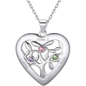 U7 Heart/Round Tree of Life Necklace, Customized Birthstone Jewelry for Women Men,Custom Name Family Branch Tree Pendant Personalized Mother Necklaces with 2-7 Names and Birthstones(Sterling Silver-Heart(3 Names&Birthstone))