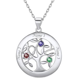 U7 Heart/Round Tree of Life Necklace, Customized Birthstone Jewelry for Women Men,Custom Name Family Branch Tree Pendant Personalized Mother Necklaces with 2-7 Names and Birthstones(Sterling Silver-Round(3 Names&Birthstone))