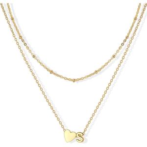 U7 Layered Heart Initial Necklace for Women,Tiny Silver/14K Gold Heart Initial A-Z Letter Pendant Necklaces,Christmas Gifts for Her(Gold)