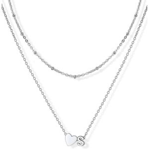 U7 Layered Heart Initial Necklace for Women,Tiny Silver/14K Gold Heart Initial A-Z Letter Pendant Necklaces,Christmas Gifts for Her(Silver)
