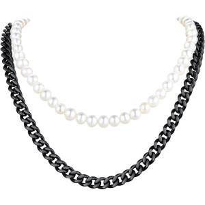 U7 Layered Pearl Necklace Set, Hip Hop Black Cuban Link Chain and Off White Pearl Choker Necklace for Men Women