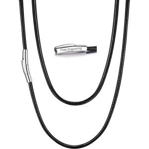U7 Leather Necklace Cord with Customizable Stainless Steel/Black Clasp, Waterproof Black/Brown Woven Wax Rope Chain for Men Women 1.5/2/3mm, Length 16″-30″(r.3MM Wide-Black(engraved))