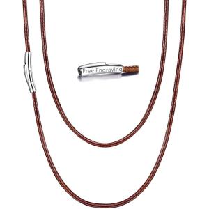 U7 Leather Necklace Cord with Customizable Stainless Steel/Black Clasp, Waterproof Black/Brown Woven Wax Rope Chain for Men Women 1.5/2/3mm, Length 16″-30″(s.2MM Wide-Brown(engraved))
