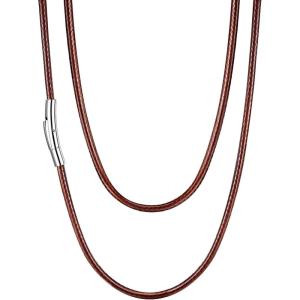 U7 Leather Necklace Cord with Customizable Stainless Steel/Black Clasp, Waterproof Black/Brown Woven Wax Rope Chain for Men Women 1.5/2/3mm, Length 16″-30″(d.3MM Wide-Brown)