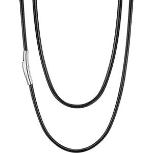 U7 Leather Necklace Cord with Customizable Stainless Steel/Black Clasp, Waterproof Black/Brown Woven Wax Rope Chain for Men Women 1.5/2/3mm, Length 16″-30″(b. 3MM Wide-Black)