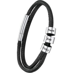 U7 Leather Necklace Cord with Customizable Stainless Steel/Black Clasp, Waterproof Black/Brown Woven Wax Rope Chain for Men Women 1.5/2/3mm, Length 16″-30″(t.3MM Wide-Black(Custom beads))