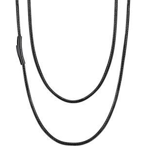 U7 Leather Necklace Cord with Customizable Stainless Steel/Black Clasp, Waterproof Black/Brown Woven Wax Rope Chain for Men Women 1.5/2/3mm, Length 16″-30″(e.2MM Wide-Black cord black clasp)