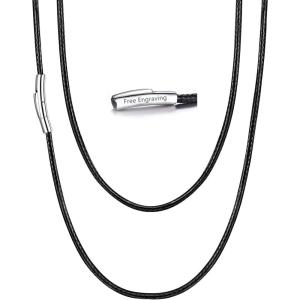 U7 Leather Necklace Cord with Customizable Stainless Steel/Black Clasp, Waterproof Black/Brown Woven Wax Rope Chain for Men Women 1.5/2/3mm, Length 16″-30″(r.2MM Wide-Black(engraved))