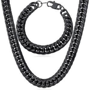 U7 Men Cuban Link Chain Necklace, Stainless Steel Franco Curb Choker, Silver/Black/14K Gold Plated Necklaces for Male Women, 6/9/12mm Width, 18-30 Inches Length Hip Hop Jewelry(d. 12mm Black Set)