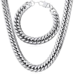 U7 Men Cuban Link Chain Necklace, Stainless Steel Franco Curb Choker, Silver/Black/14K Gold Plated Necklaces for Male Women, 6/9/12mm Width, 18-30 Inches Length Hip Hop Jewelry(d. 12mm Steel Set)