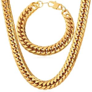 U7 Men Cuban Link Chain Necklace, Stainless Steel Franco Curb Choker, Silver/Black/14K Gold Plated Necklaces for Male Women, 6/9/12mm Width, 18-30 Inches Length Hip Hop Jewelry(d. 12mm Gold Set)